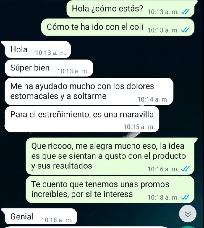 Conversación real de WhatsApp: una clienta cuenta que Coli le ayudó con los dolores estomacales y el estreñimiento