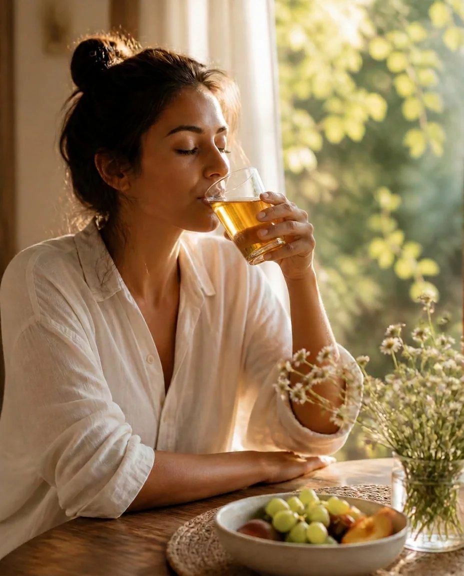 Mujer disfrutando con calma una bebida dorada junto a la ventana, con luz natural cálida