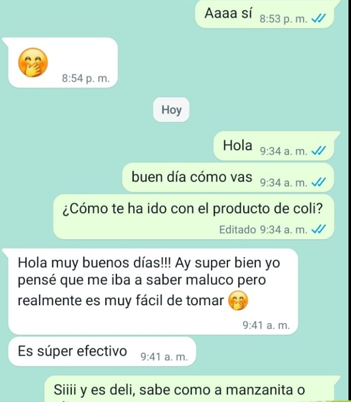 Conversación real de WhatsApp: una clienta cuenta que Coli es fácil de tomar y muy efectivo